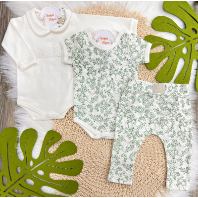 Conj. de Malha 3 peças - Ursa Bebê - Off White e Verde